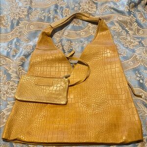 Crocodile Embossed Leather Tote Hobo Bag with Pouch